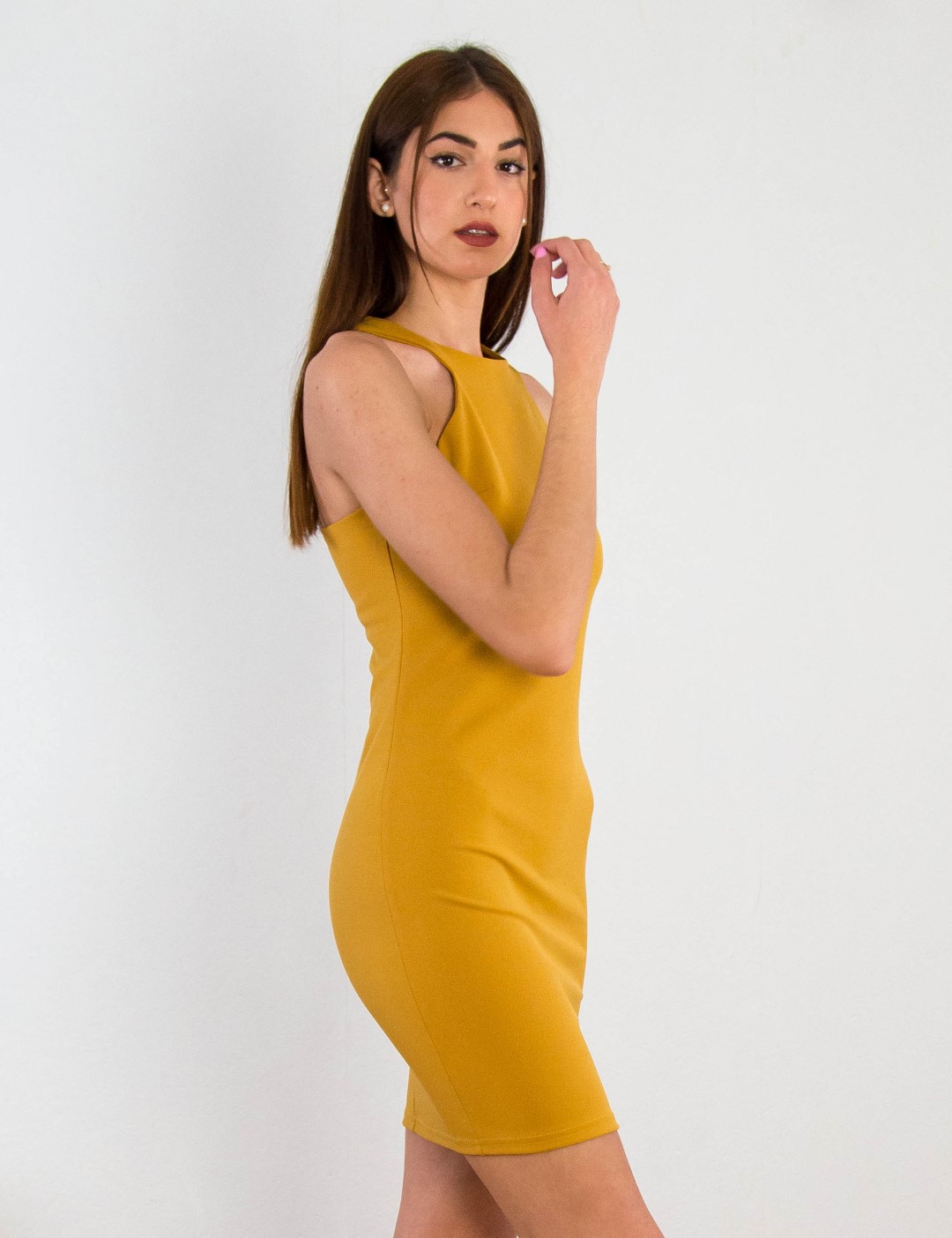 Γυναικείο ώχρα ελαστικό φόρεμα Cocktail 014100001G φωτογραφία